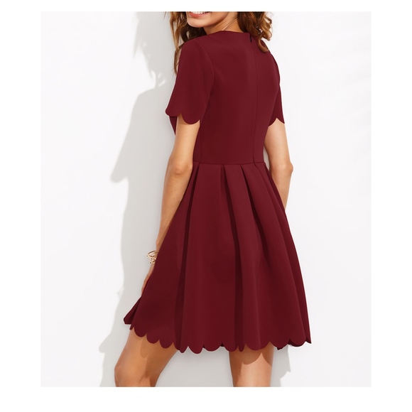 Burgundy Red V Neck Fit & Flare Scallop Dress - Picture 4 of 7